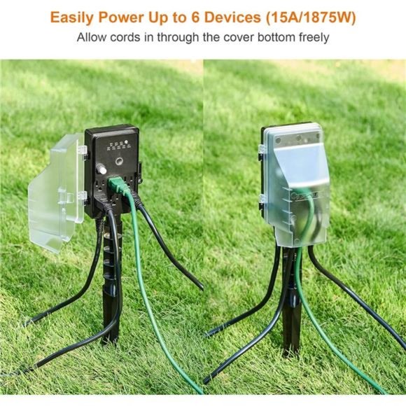 Outdoor Power Stake Light Timer, Dusk to Dawn, 6 Outlet Power Strip Weatherproof - Picture 3 of 6